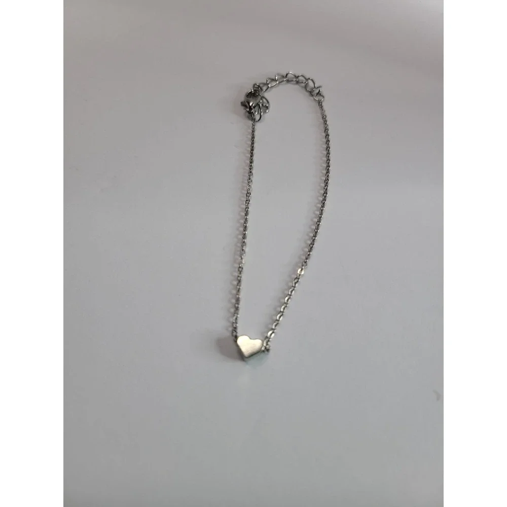 Silver-Tone Dainty Heart Charm Chain Bracelet or Anklet Adjustable Minimalist